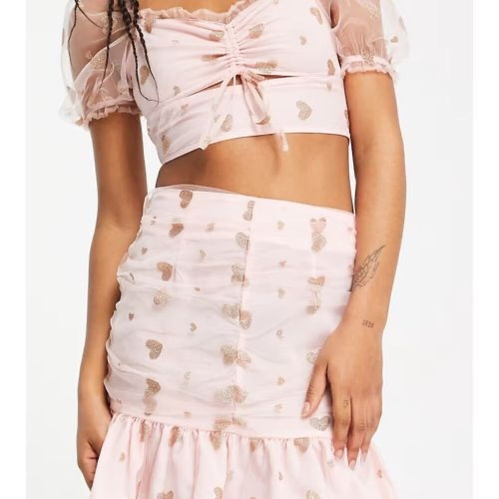 Collective the Label Pink Blush Glitter Heart Puff Sleeve Crop Top Size 10